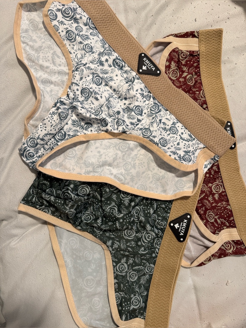 Floral Print Bikini Briefs - Set of 3 (White, Green, Burgundy)